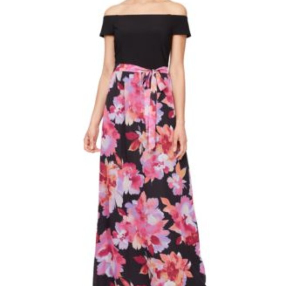 SLNY Black Off-Shoulder Maxi Dress with Pink Floral Skirt